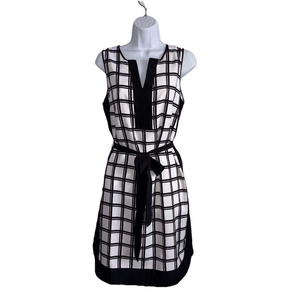 Ann Taylor Plaid Sleeveless Dress NWT Size Medium Black & White Belted NEW